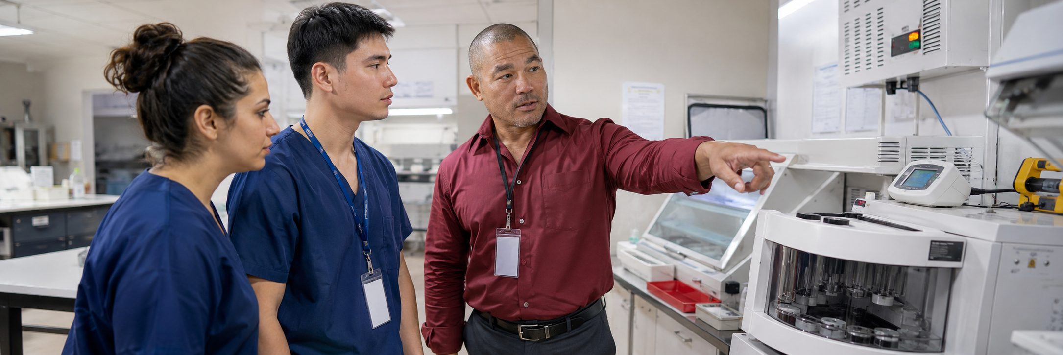 HTM technicians inspecting operating room surgical lights during scheduled service