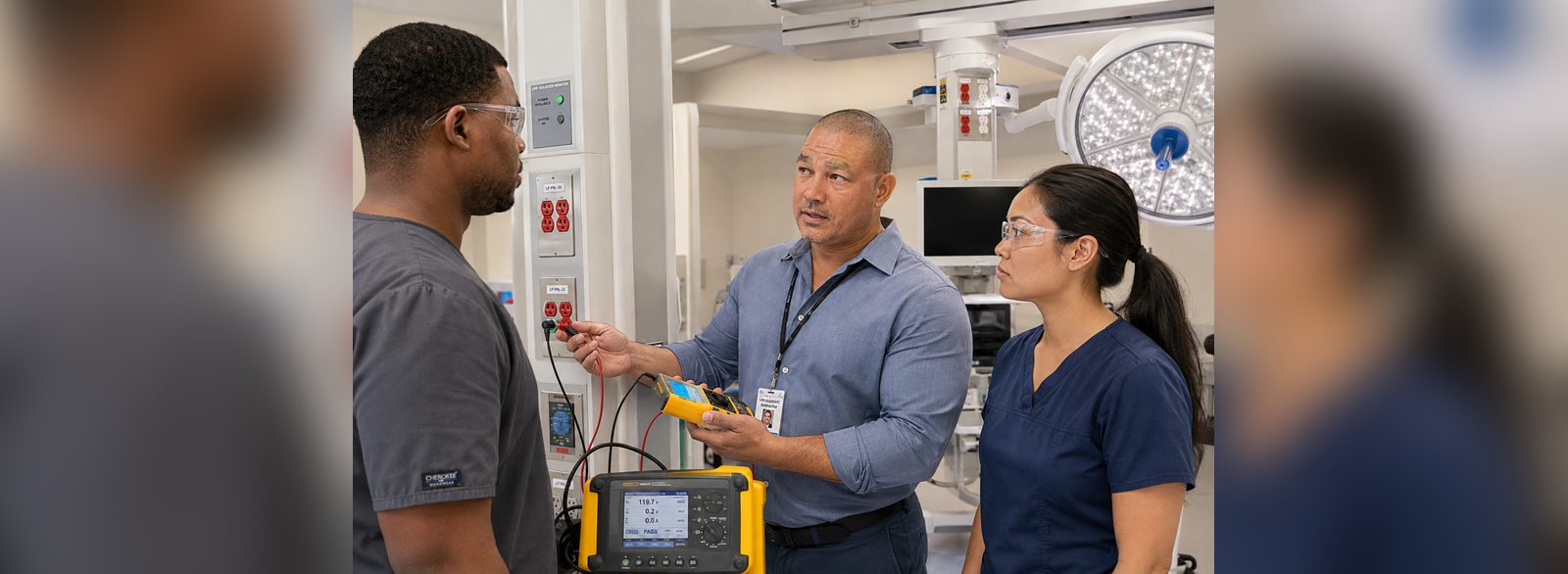Electrical measurements taken at an operating room isolated power column and read from the analyzer