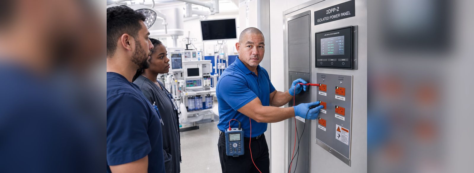 Isolated power panel receptacle testing | Isolated Power System Biomedical technician testing isolated power panel receptacles with an electrical safety analyzer while clinical staff observe