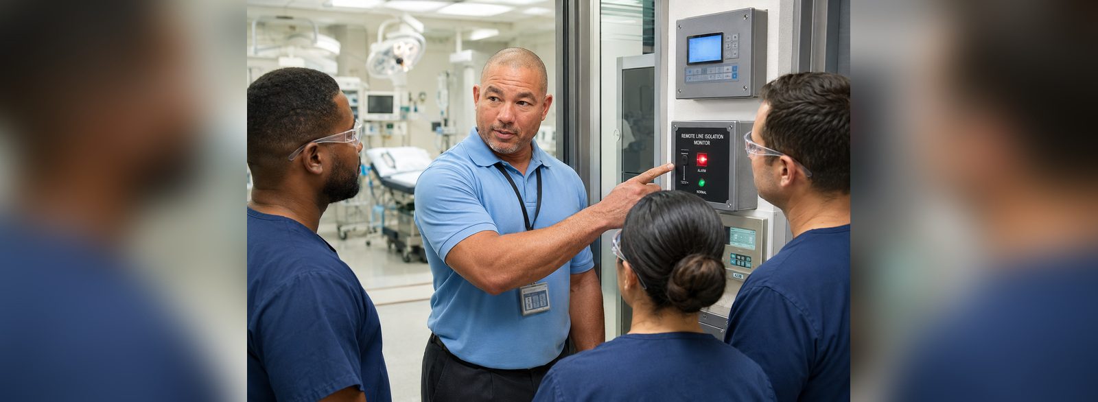 Remote line isolation monitor alarm and normal indicators reviewed outside an operating room