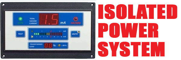 Line isolation monitor display showing total hazard current, transformer load, and hazard alarm indicators
